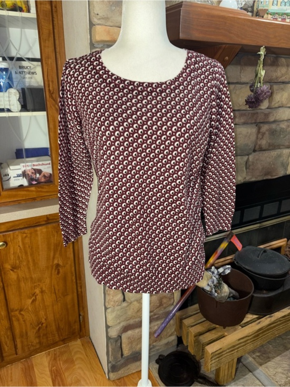 Loft size large 100% cotton 3/4 sleeve burgundy sweater with back button detail
